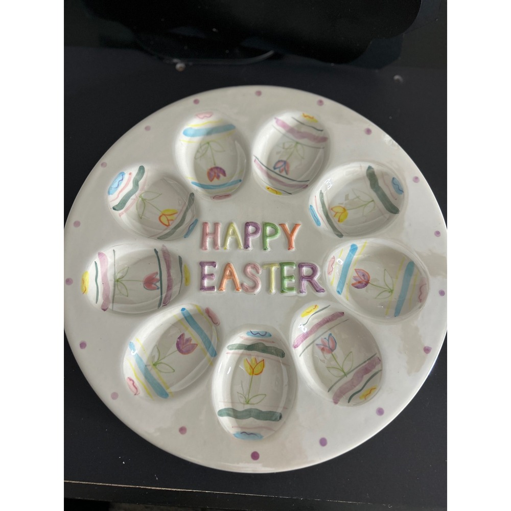 Deviled Egg Plate Easter White Ceramic Pastel Happy Easter Collectible 10"